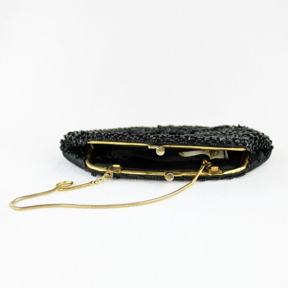 Vintage Black Beaded Purse Kiss Clasp Pouch Purse Frame Serpent Chain Gold PU30 - Picture 9 of 11